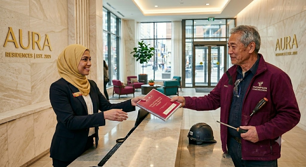 Property manager receiving a tender document from a contractor at a residential building reception